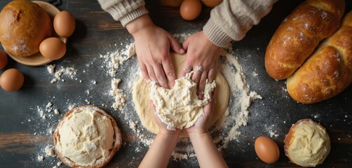 Adults and child hands mix dough with flour and eggs for baking bread. Family kneads pastry together on rustic table, creating warm homemade food moments. Preparing ingredients for fresh baked goods.