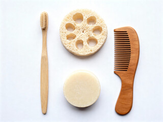 Eco Friendly Bathroom Accessories Knolling with Bamboo Toothbrush and Loofah