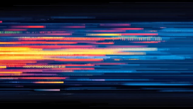 Colorful line of numbers and letters that are all mixed up. The image is abstract and has a sense of chaos