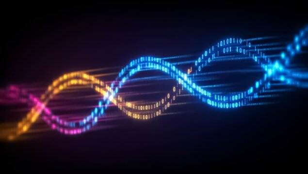 Colorful wave of numbers and letters. The colors are bright and the lines are wavy. The image is abstract - Powered by Adobe