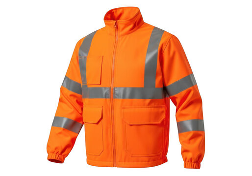 Bright orange high visibility work jacket with reflective stripes for safety and visibility isolated on transparent background