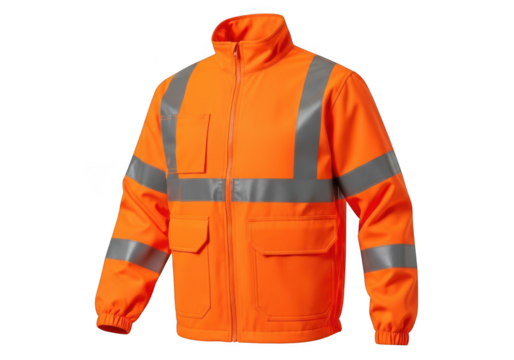 Bright orange high visibility work jacket with reflective stripes for safety and visibility isolated on transparent background