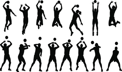 Volleyball silhouette set, dynamic player poses, black vector icons, jump spike block serve, athletic motion, sport illustration