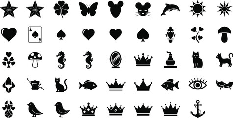 Naklejka premium Silhouette icon grid, black vector symbols, assorted shapes, animals, objects, decorative elements, graphic design set, minimal icons