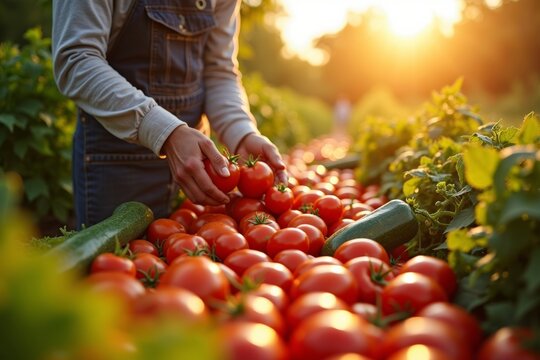 Glowing Harvest: A Farmer Picking Ripe Tomatoes in the Warm Sunlight, Highlighting Sustainable Agriculture Practices