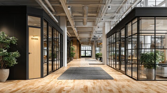 Modern Office Corridor with Glass Partitions, Wooden Flooring, and Natural Light