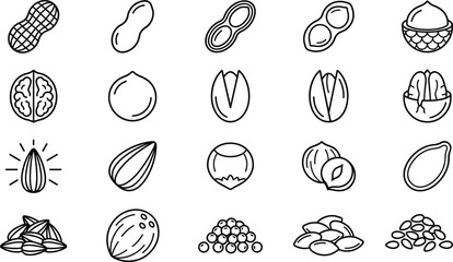Nut and seed icons, black line drawings, vector food set, healthy snack symbols, culinary elements, organic nutrition illustrations