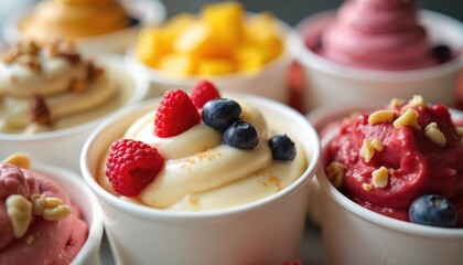 Variety of frozen yogurt desserts with fresh berries, nuts served in paper cups. Sweet treats include raspberries blueberries, mango pieces. Healthy delicious dessert. Summer food for restaurant menu