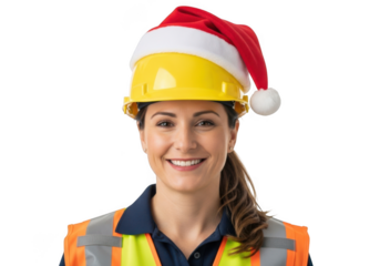 A cheerful female construction worker wearing a yellow hard hat and festive santa hat isolated on transparent background