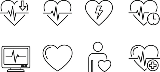 Heart health icons, ECG symbols, medical monitoring graphics, cardiovascular care, heart rate, emergency, donation, wellness, black vector set