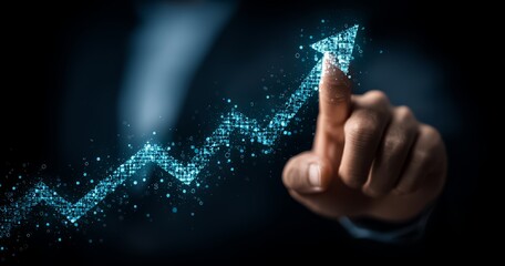 Hand is pointing at a blue arrow on a black background. The arrow is surrounded by a lot of dots