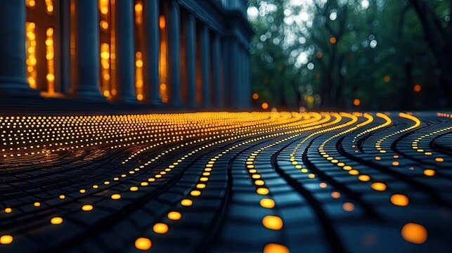 An abstract image of a path with glowing lights, leading towards a building with columns and a blurred background of trees, creating a sense of data flow and co