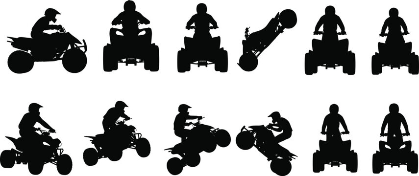 Silhouettes of ATV riders performing jumps, quad bike stunts, extreme off-road action poses, motorsport adventure silhouettes for outdoor sports themes