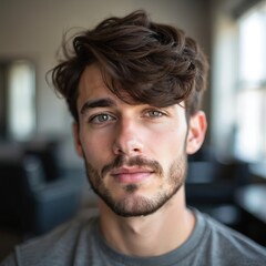 Fototapeta premium Young man with stylish haircut poses indoors. Guy brown hair, beard, green eyes. Looks confident, serious. Modern male model portrait captures trendy style, youth, attractiveness, fashion, beauty,
