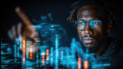 Focused Man Interacting with Futuristic Digital Interface and Data Visualization