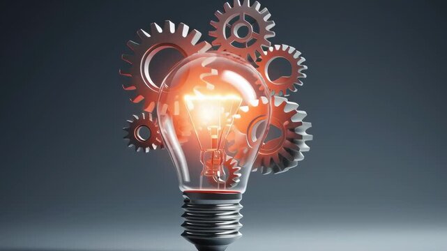 A light bulb is surrounded by gears, symbolizing the idea of innovation and progress. The bright light of the bulb represents the potential for new ideas and advancements