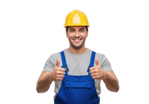 Smiling construction worker wearing a yellow hard hat and blue overalls gives a double thumbs up gesture isolated on transparent background
