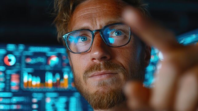 Professional Analyzing Data on Futuristic Digital Interface with High-Tech Screens and Graphs