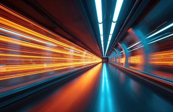 Futuristic tunnel with glowing orange, blue light trails. High speed creates motion blur effect in empty underground corridor. Abstract concept for digital data transfer network technology,