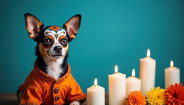 Small dog in orange mariachi outfit wears sugar skull face paint. Candles and marigolds surround it, honoring Mexican Day of Dead tradition. Pet celebrates cultural heritage, commemorating ancestors.