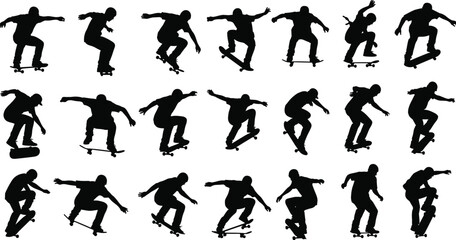 Skateboarder silhouette icon set, black vector trick poses, jump balance stunt motion, extreme sport illustration, athletic design