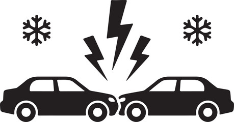 Winter car collision icon with snowflakes and lightning bolts symbolizing a traffic accident during icy weather and hazardous road conditions
