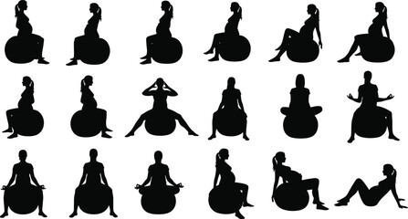 Pregnancy exercise ball silhouette set, black vector icons, seated reclining posture variations, prenatal fitness design, maternity anatomy illustration