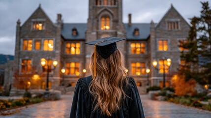 Graduate Facing Historic University Building at Dusk