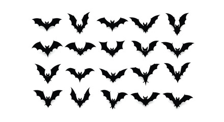 Fototapeta premium Flying bat silhouettes vector set, Halloween-themed creatures in black, isolated on white background, graphic design elements, flat vector art collection