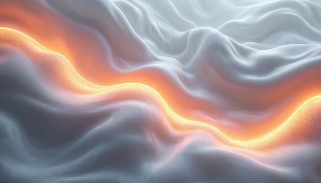 Abstract landscape with flowing gray waves, bright orange light streak. Smooth fabric texture with gentle curves creates modern, dynamic feel. This digital art represents energy flow, abstract beauty.