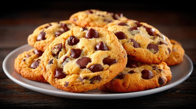 Plate of Chocolate Chip Cookies on Rustic Table