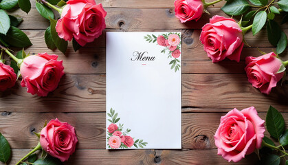 Elegant menu with pink roses on wooden table background  