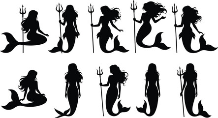 Mermaid silhouette set, black vector fantasy icons, trident poses, mythical sea creature art, tail design, ocean folklore illustration