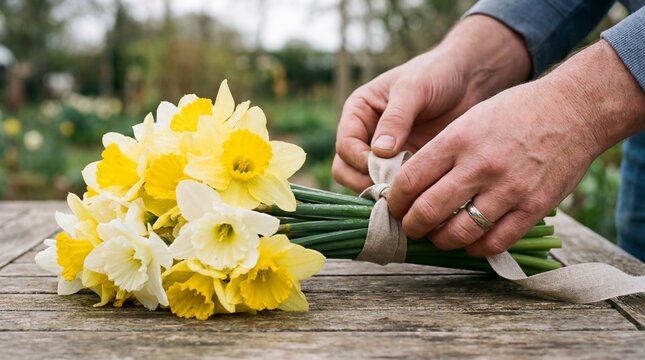 Male hands tying ribbon around fresh yellow daffodils on wooden table. Scene captures spring gardening mood, ideal for floral design and nature concepts.