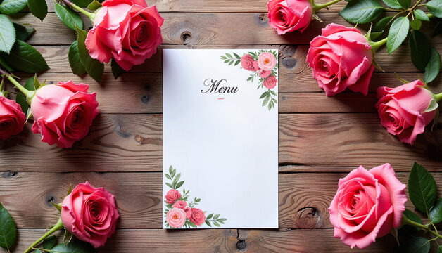 Elegant menu with pink roses on wooden table background  