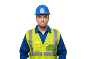 Serious construction worker wearing a blue hard hat and yellow safety vest with reflective stripes isolated on transparent background