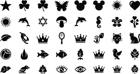 Silhouette icons set, nature, animals, symbols, shapes, birds, leaves, stars, hearts, music, sun, fish, crown, cactus, butterfly, dolphin, flower, eye, globe, abstract, black