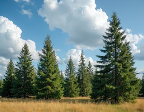 Several Scots pine trees stand in meadow against partly cloudy sky. Evergreens grow among dry yellow grass. Coniferous woodland view shows forest nature, flora and ecosystem.