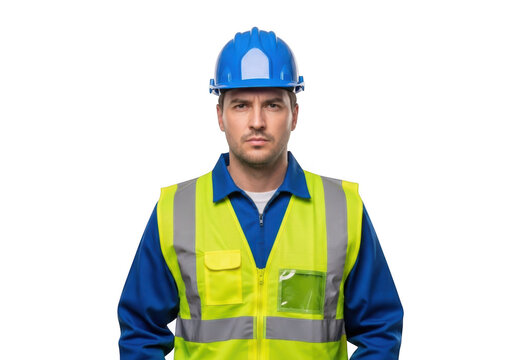 Serious construction worker wearing a blue hard hat and yellow safety vest with reflective stripes isolated on transparent background - Powered by Adobe