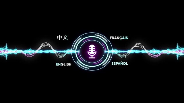 Digital sound wave equalizer with microphone icon and language options Chinese English French Spanish on black background