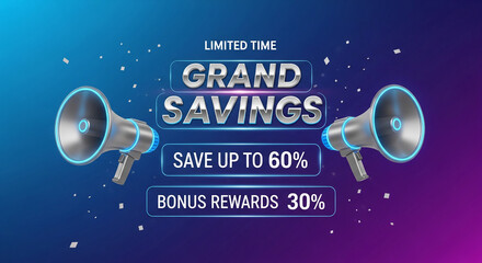 Two silver megaphone with blue light on a blue and purple gradient background with "grand savings", "bonus rewards", and confetti, advertising deal