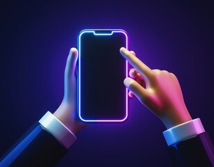 Futuristic neon smartphone interface with hand gesture control in dark setting