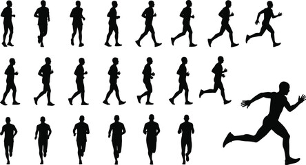 Running motion icon set, black and white sprint silhouettes, athlete posture cycle, sports biomechanics, dynamic movement illustration grid