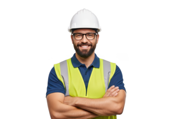Smiling construction worker wearing a white hard hat and a bright yellow safety vest with arms crossed isolated on transparent background