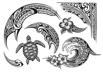 Vector Polynesian Tribal Tattoo Designs Featuring Turtle, Dolphin, and Floral Elements in Black Ink Style from Top View on White Background