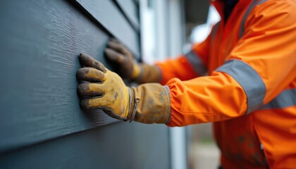 Worker in orange jacket and gloves inspects new house siding panels. Construction pro checks exterior wall quality, ensuring good installation for residential building.