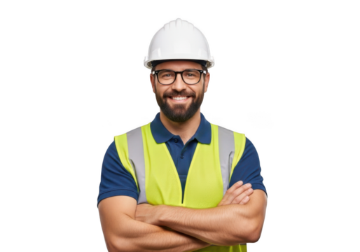 Smiling construction worker wearing a white hard hat and a bright yellow safety vest with arms crossed isolated on transparent background