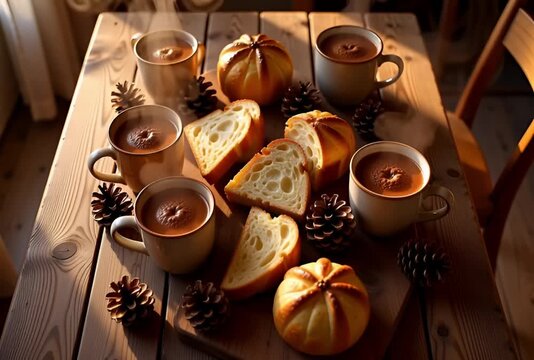 Four cups of coffee and sliced bread on a wooden table with decor