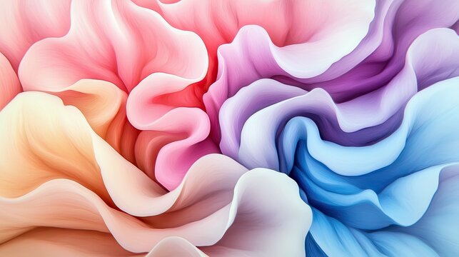 Close-up of abstract floral swirls in pastel colors, creating a soft and dreamy effect. The image features a blend of pink, orange, purple, and blue hues. - Powered by Adobe