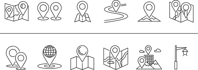 Location icon set, black and white navigation symbols, map pin designs, travel direction, GPS marker, geographic concept illustration © Santo's World